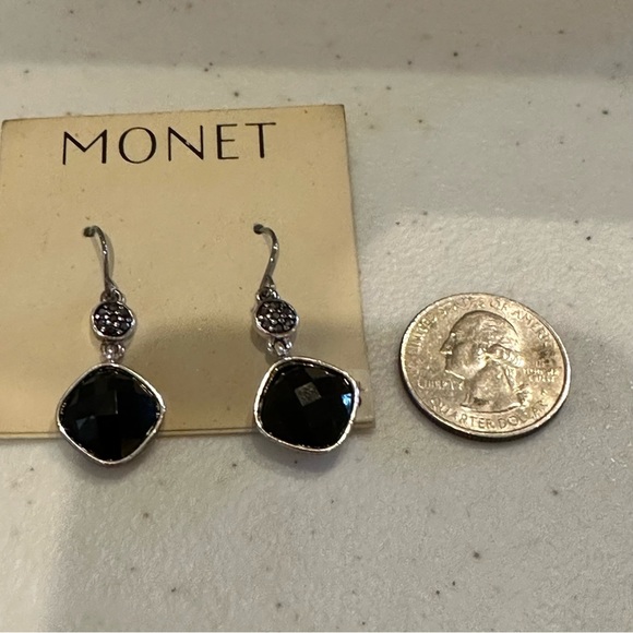 NWT Monet Earrings- silver tone dangle with black faceted square bead - Picture 6 of 8
